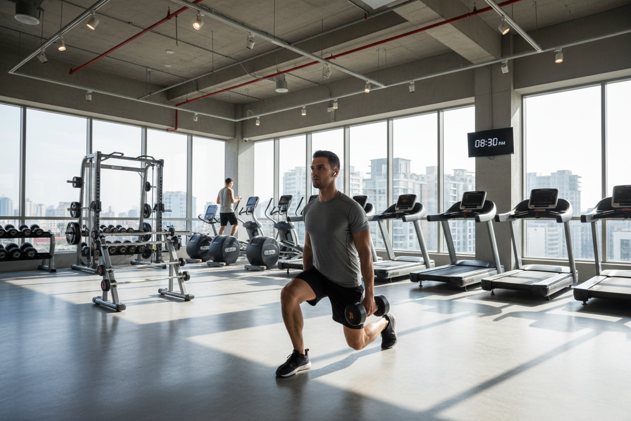 Landscape image of a man in activewear at the gym
